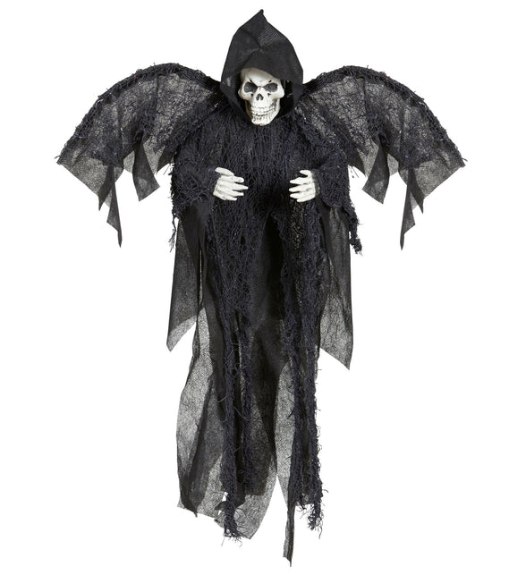 Magere Hein hangdecoratie in zwart gaas met uitgespreide vleugels en witte schedel, voor Halloween