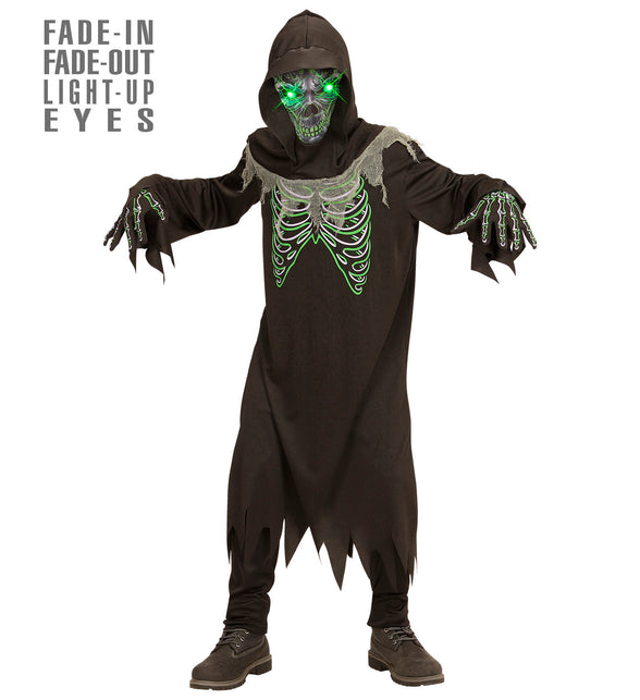 Magere Hein kostuum kind met zwart gewaad, groene ribbenkastprint en masker met oplichtende ogen