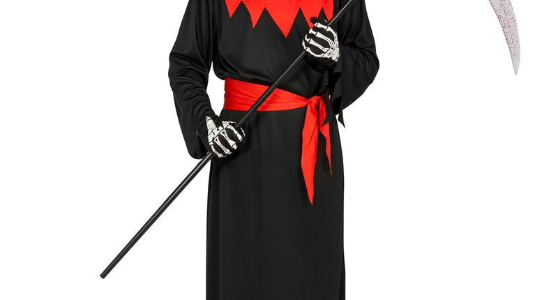Magere Hein kostuum kinderen Phantom: zwart gewaad met kap, rode sjerp en skeletmasker voor Halloween