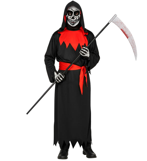 Magere Hein kostuum kinderen Phantom: zwart gewaad met kap, rode sjerp en skeletmasker voor Halloween