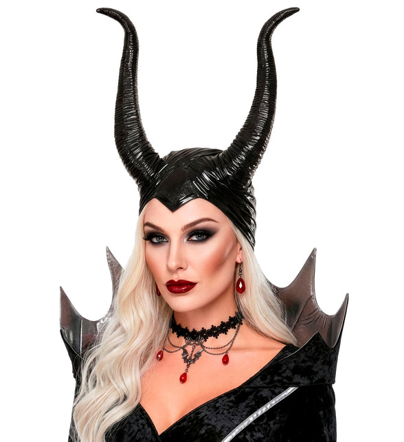 Malefica hoofddeksel op blond haar, hoorns schuin omhoog voor Halloween