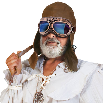 Man draagt pilotenbril bruin met spiegelende glazen bij vliegenierskap op een themafeest
