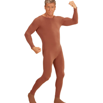 Man in huidkleurige bodysuit uit één stuk als basis voor een verkleedkostuum