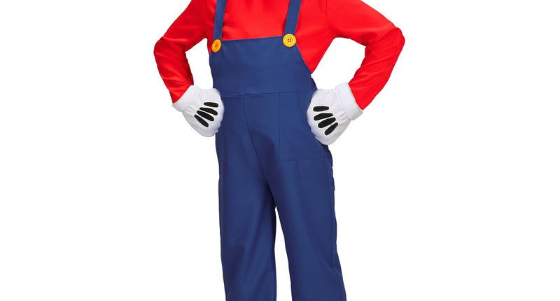 Mario de loodgieter tuinbroek kids: blauwe overall met gele knopen, rood shirt en rode muts met ster