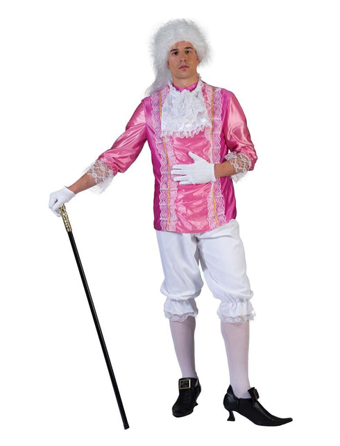 Markies kostuum Amadeo voor heren, roze bovendeel met wit kant, halsstuk en witte kniebroek voor carnaval