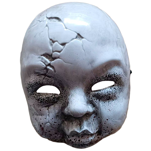Masker babypop van pvc in wit met barsten over de schedel en donkere ogen, voor Halloween