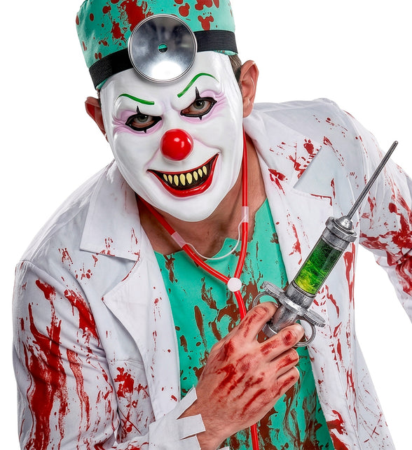 Masker boze clown latex gedragen bij horrordokterlook, geel gebit zichtbaar