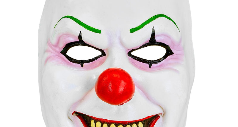 Masker boze clown latex wit met groene wenkbrauwen, rode neus en geel gebit