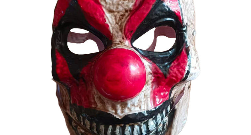 Masker clown van pvc met rood-wit gezicht, rode bal-neus en grijnzende tanden voor Halloween