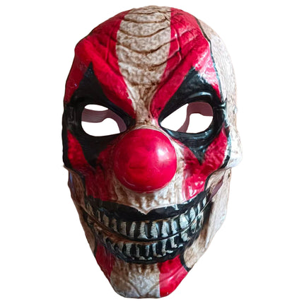 Masker clown van pvc met rood-wit gezicht, rode bal-neus en grijnzende tanden voor Halloween