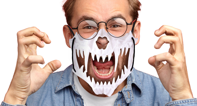 Masker dino tanden wit gedragen over de mondpartij, met zwart elastiek, voor Halloween