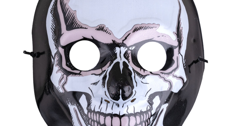 Masker doodskop blauw licht uit, witte schedelprint op zwart pvc met koordjes