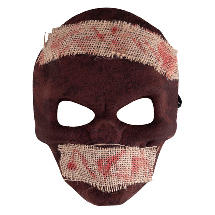 Masker doodskop in donker roodbruin met bebloede jutebanden over voorhoofd en mond