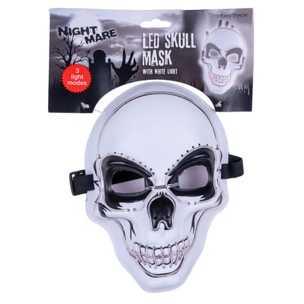 Masker doodskop op kaart met verstelbaar zwart elastiek en gesp, drie lichtstanden