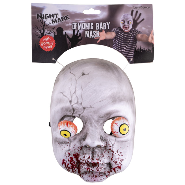 Masker enge baby op verpakkingskaart, gezichtsmasker van PVC met losse rollende ogen en elastiek