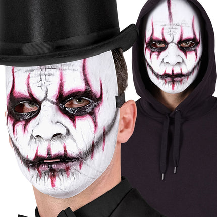 Masker evil joker Lotte gedragen met zwarte hoge hoed en met capuchon voor Halloween