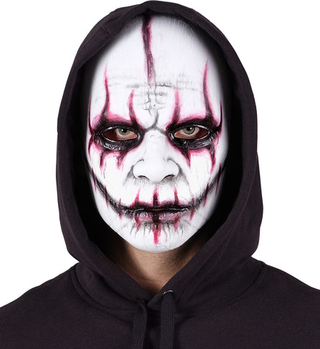 Masker evil joker Lotte onder zwarte capuchon, wit gezicht met donkere ogen
