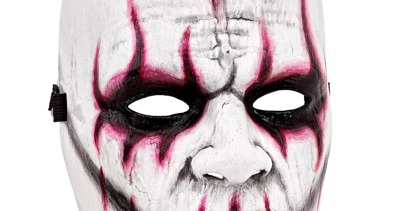 Masker evil joker Lotte, wit gezichtsmasker met zwart-roze strepen rond ogen en mond