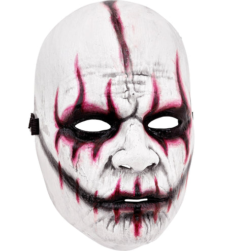 Masker evil joker Lotte, wit gezichtsmasker met zwart-roze strepen rond ogen en mond