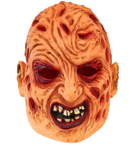 Masker Freddy van latex met verbrand huidkleurig gezicht, open wonden en scheve tanden