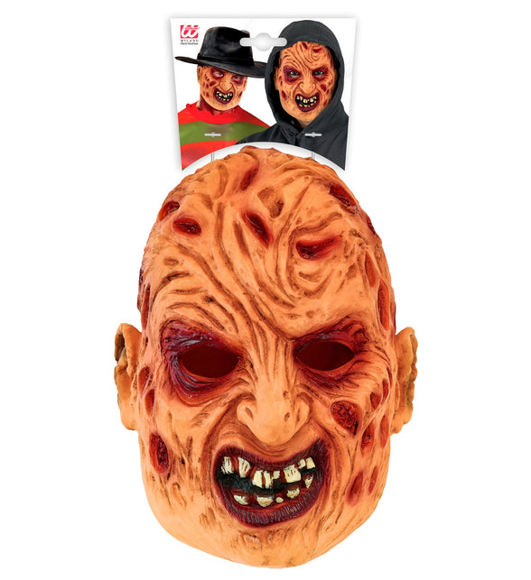 Masker Freddy latex in verpakking van Widmann met voorbeeldfoto's van de horrorlook
