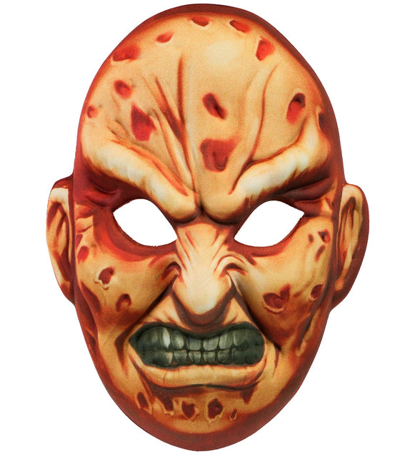 Masker Freddy van stof met verbrand gezicht, groengrijze tanden en uitgesneden ogen