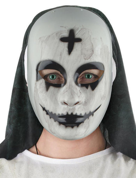 Masker halloween zuster op model, wit gezicht met zwart kruis en grijnsmond, voor Halloween