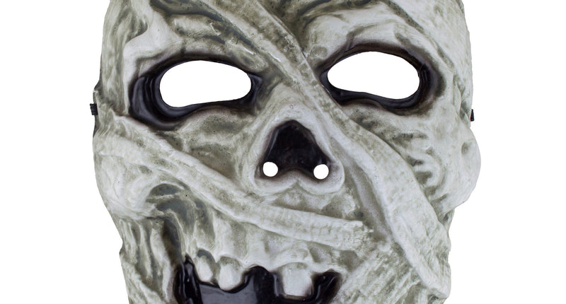 Masker mummie in vuilwit met zwachtelreliëf, zwarte oogholtes en tanden, voor Halloween