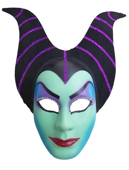 Masker queen of the underworld met mintgroen gezicht, zwarte hoorns en paarse glitterstrepen voor Halloween