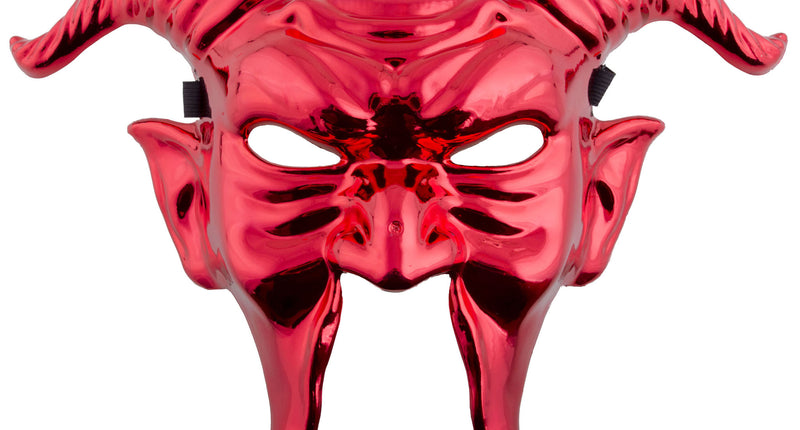 Masker rode duivel van glanzend rood PVC met gebogen ramshoorns en gepunte wangen