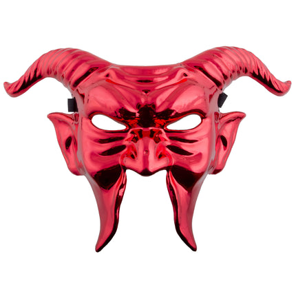 Masker rode duivel van glanzend rood PVC met gebogen ramshoorns en gepunte wangen