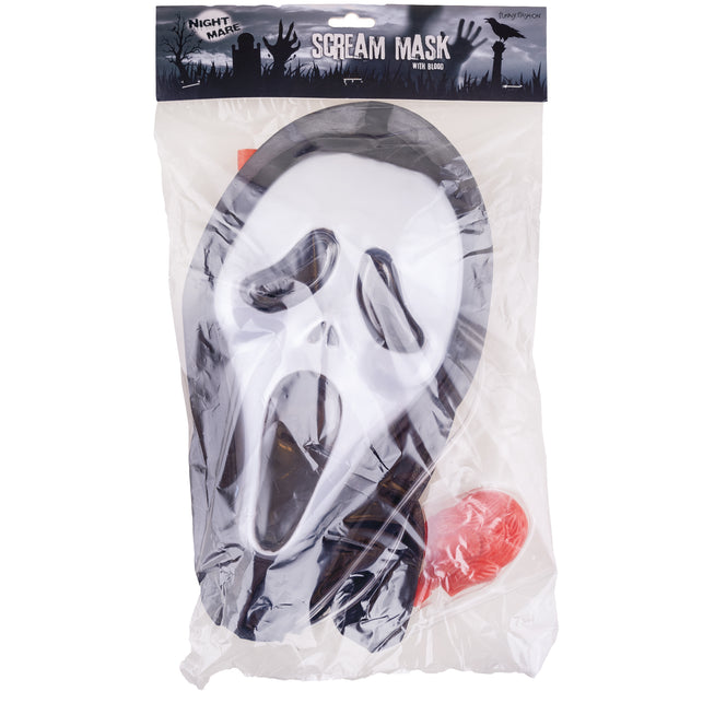 Masker scream met bloed in de verpakking, met het witte gezichtsmasker en het rode pompje zichtbaar
