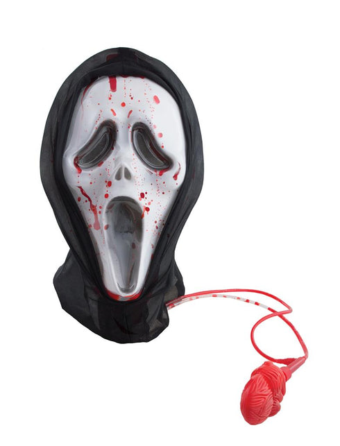 Masker scream met bloed: wit schreeuwmasker met rode bloedspatten, zwarte kap en rood bloedpompje voor Halloween