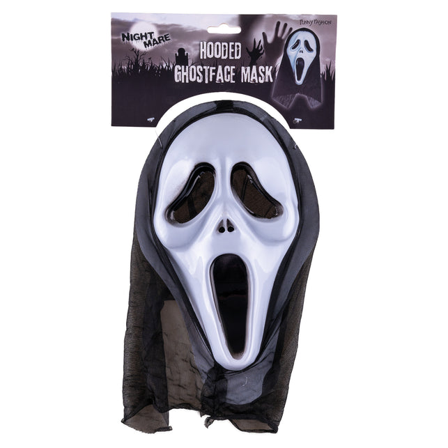 Masker scream met kap op verpakkingskaart, wit gezicht met zwarte omrande ogen en gazen kap
