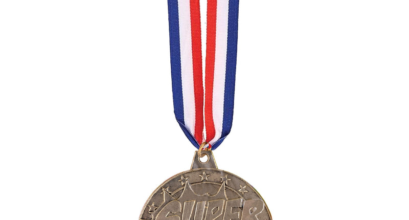 Medaille Super Hero goudkleurig met sterrenrand en rood-wit-blauw halslint
