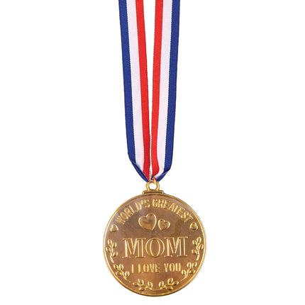 Medaille World's Greatest Mom in goud met hartjes en rood-wit-blauw lint voor Moederdag
