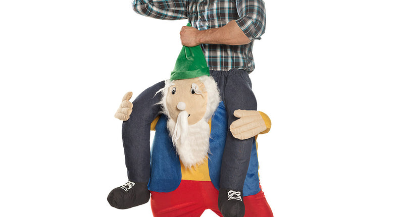 Meeneemkostuum kabouter met rode broek, gele romp en groene punthoed voor carnaval
