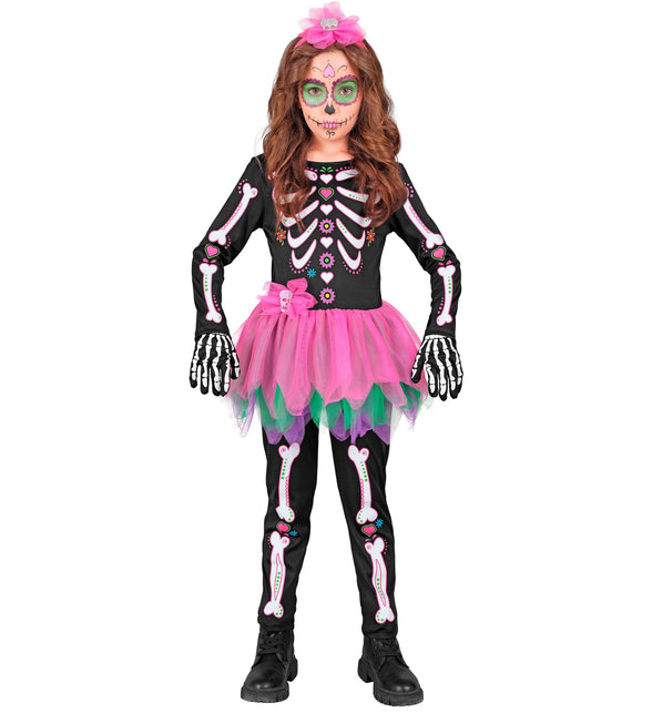 Meisje in skelet kostuum Eva met hoofdband met schedelstrik en roze tutu vooraanzicht
