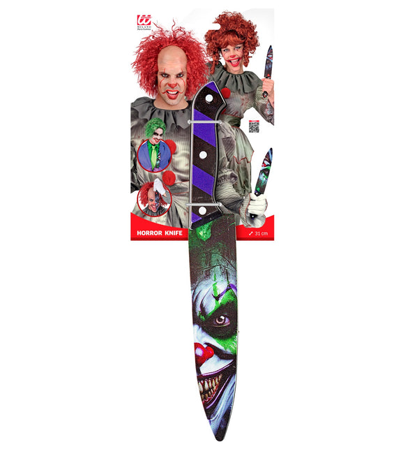 Mes kwaadaardige clown Guus van 31 cm op verpakking, heft zwart met paarse blokken