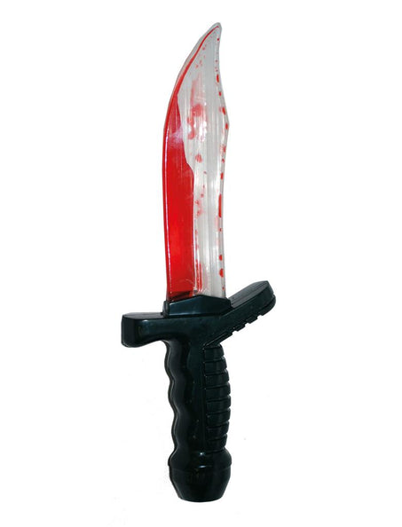 Mes met nep bloed met doorschijnend lemmet, rode bloedspatten en zwart geribbeld heft voor Halloween