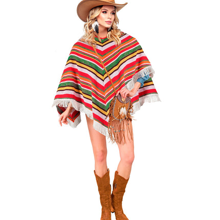 Mexicaanse poncho Sanne op dame, gestreepte schouderponcho tot op de heup met franjes
