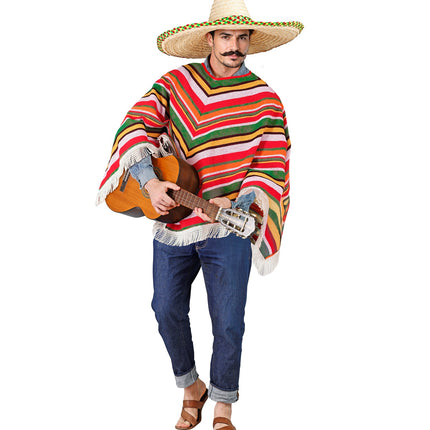 Mexicaanse poncho Sanne op heer met sombrero en gitaar, V-vormige strepen voor carnaval