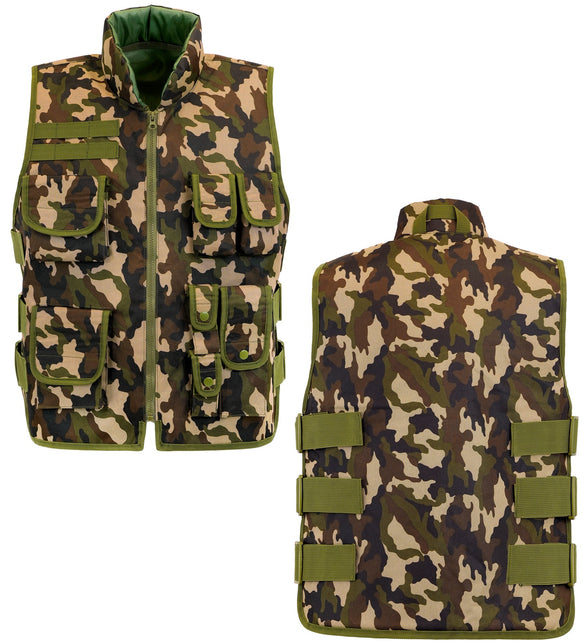 Militair camouflage vest voor volwassenen, voor- en achterkant met groene bies en klepzakken
