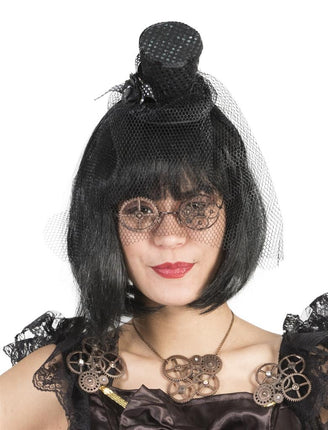 Mini hoge hoed met voile op haarband, zwart net over het gezicht, voor Halloween