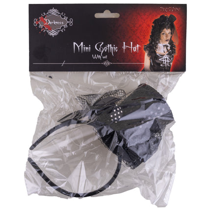 Mini hoge hoed met voile in verpakking, zwarte haarband met pailletten hoedje