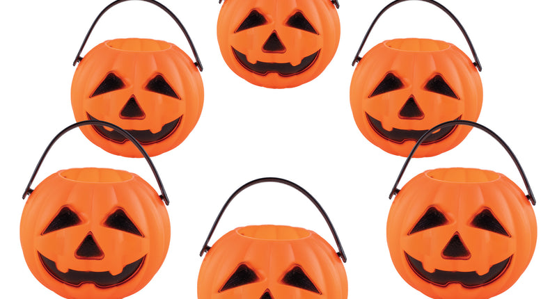 Mini pompoen ketels voor Halloween, set van zes oranje emmertjes met zwart hengsel