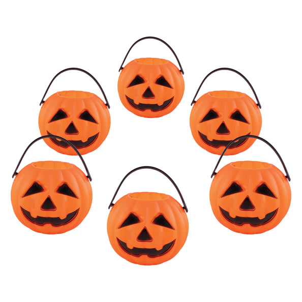 Mini pompoen ketels voor Halloween, set van zes oranje emmertjes met zwart hengsel