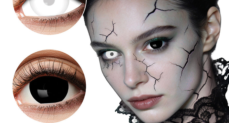 Mini sclera Eclipse contactlenzen met witte en zwarte lens naast een gedragen look met gebarsten Halloween-schmink