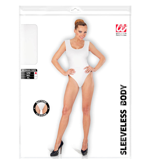 Mouwloze body wit voor dames in verpakking met maattabel en knoopsluiting in het kruis