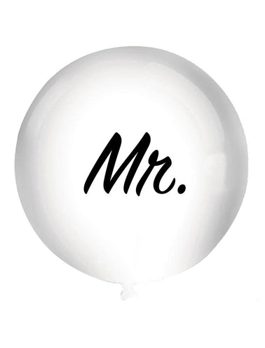 Mr. ballon wit XL opgeblazen, ronde latex ballon met zwarte schrijfletters voor een bruiloft